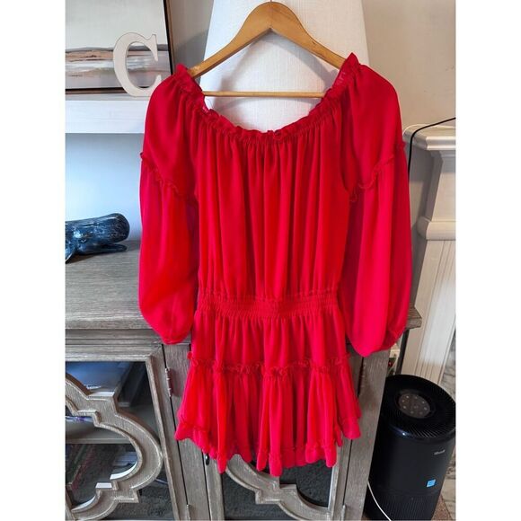 Misa Los Angeles Off Shoulder Daria Boho Crimson Red Mini Blouson Dress Size XS - Picture 6 of 12